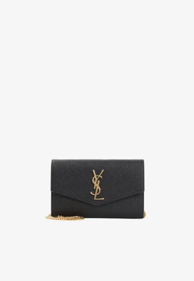 Saint Laurent Uptown Calf Leather Chain Clutch In Black