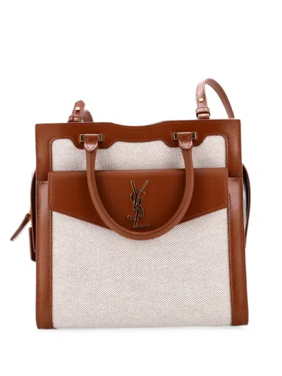 Pre-owned Saint Laurent Uptown Canvas With Leather Small Tote Bag In Brown