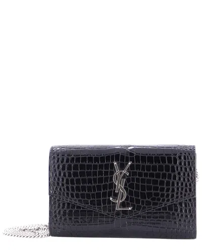 Saint Laurent Uptown Chain Wallet Crocodile Embossed (authentic Pre-loved) In Black