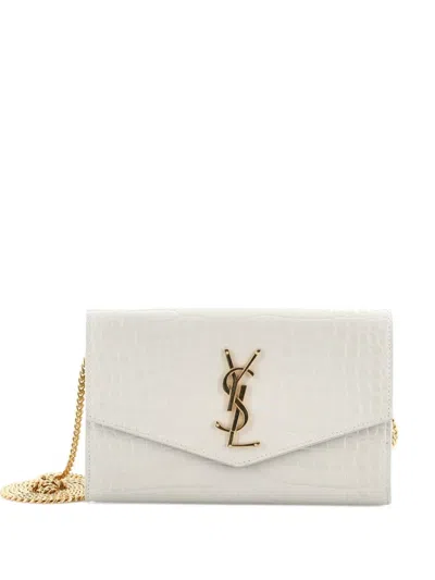 Pre-owned Saint Laurent Uptown Chain Wallet Crocodile Embossed Leather Crossbody Bag In Neutral
