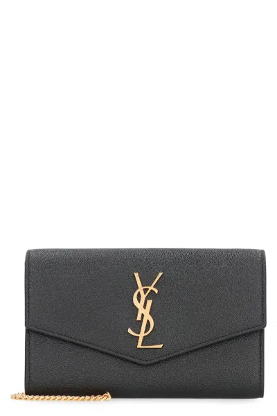 Saint Laurent Uptown Chain Wallet In Grain De Poudre Embossed Leather In Black