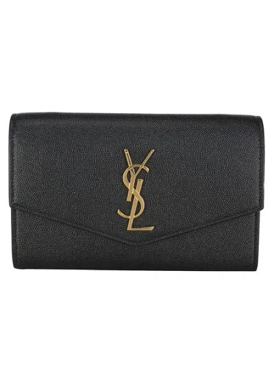 Saint Laurent Uptown Chain Wallet In Grain De Poudre Leather In Black
