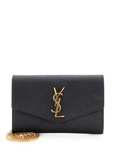 Pre-owned Saint Laurent Uptown Chain Wallet Leather Crossbody Bag In Black