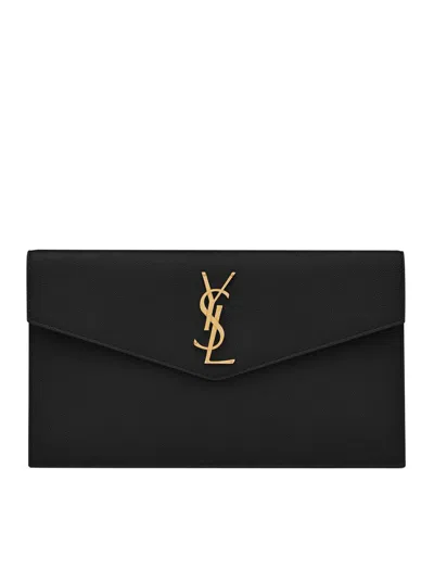 Saint Laurent Uptown Clutch In Grain De Poudre Embossed Leather In Black