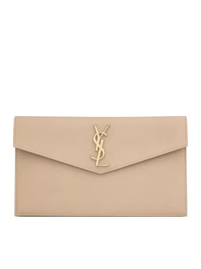 Saint Laurent Uptown Clutch In Grain De Poudre Embossed Leather In Nude