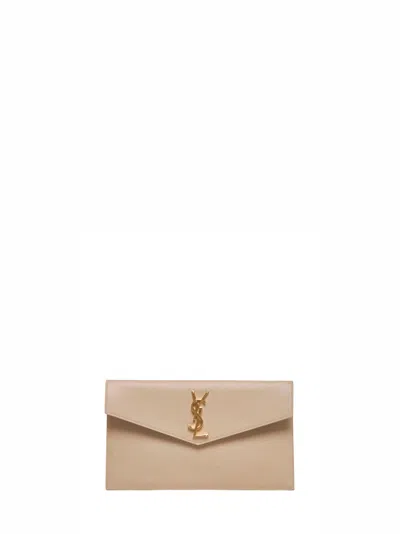 Saint Laurent Uptown Clutch In Grain De Poudre Embossed Leather In Sand