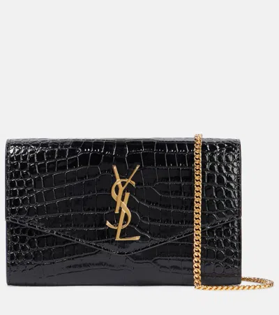 Saint Laurent Uptown Envelope Croc-embossed Wallet In Black