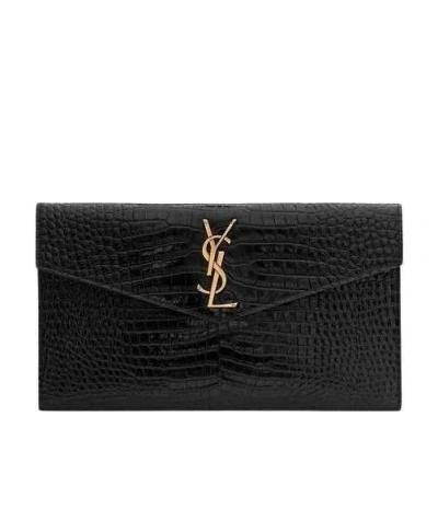 Saint Laurent Uptown Crocodile-effect Clutch In Black