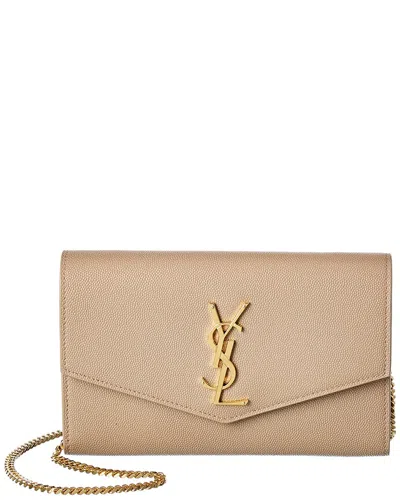Saint Laurent Uptown Embossed Leather Wallet On Chain In Brown