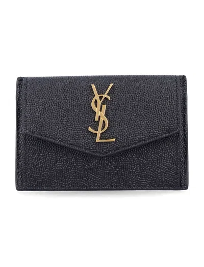 Saint Laurent Uptown Flap Card Case In Grain De Poudre Leather In Black