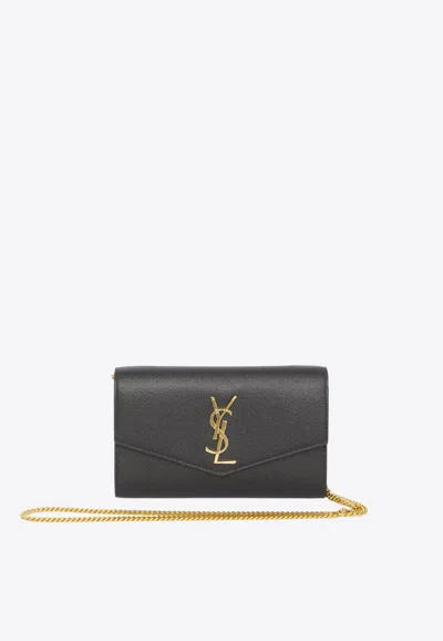 Saint Laurent Uptown Grained Leather Chain Clutch In Gray