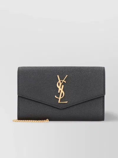 Saint Laurent Uptown Leather Clutch And Chain Strap In Gray