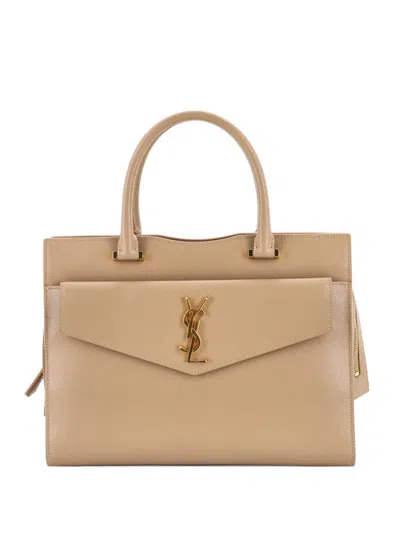 Pre-owned Saint Laurent Uptown Leather Medium Tote Bag In Neutral