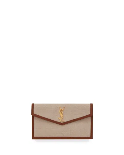 Saint Laurent Uptown Medium Ysl Monogram Canvas Clutch Bag In Beige