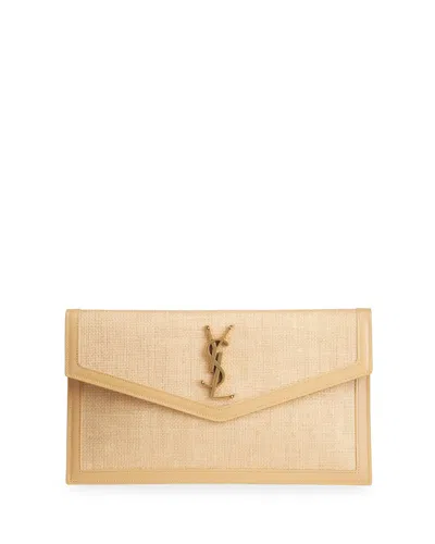 Saint Laurent Uptown Micro Raffia/leather Envelope Flap Pouch Wallet In 9985 Natural Hay