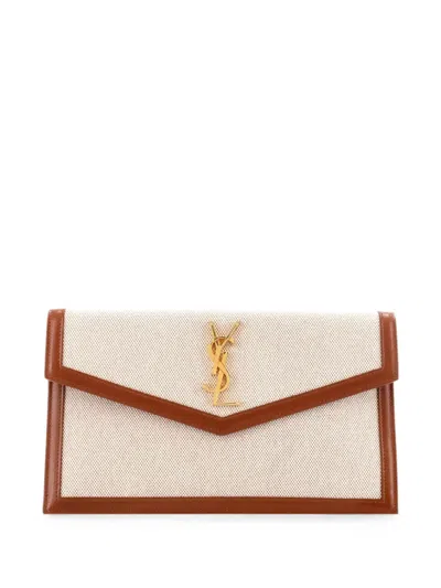 Pre-owned Saint Laurent Uptown Pouch Canvas Clutch Bag In Brown