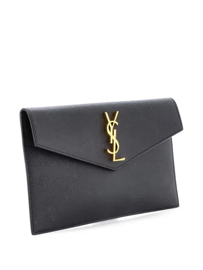Pre-owned Saint Laurent Uptown Pouch Leather Clutch Bag In Black