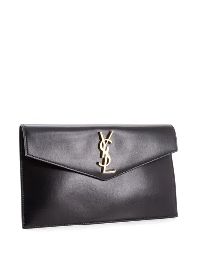 Pre-owned Saint Laurent Uptown Pouch Leather Clutch Bag In Black