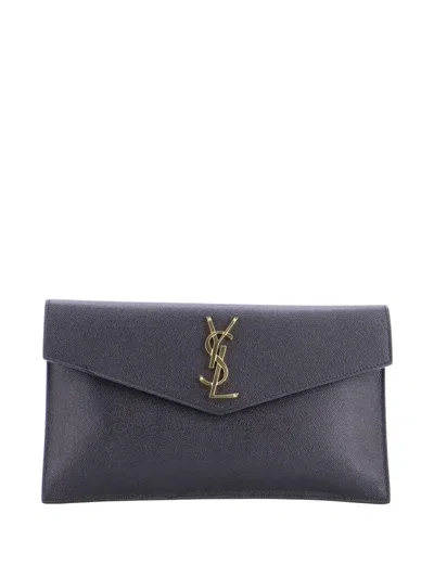 Pre-owned Saint Laurent Uptown Pouch Leather Clutch Bag In Black