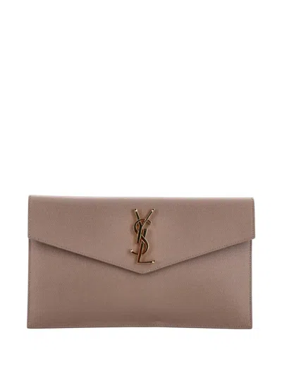 Pre-owned Saint Laurent Uptown Pouch Leather Clutch Bag In Brown