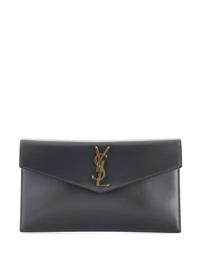 Pre-owned Saint Laurent Uptown Pouch Leather Clutch Bag In Gray