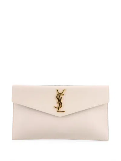 Pre-owned Saint Laurent Uptown Pouch Leather Clutch Bag In Grey