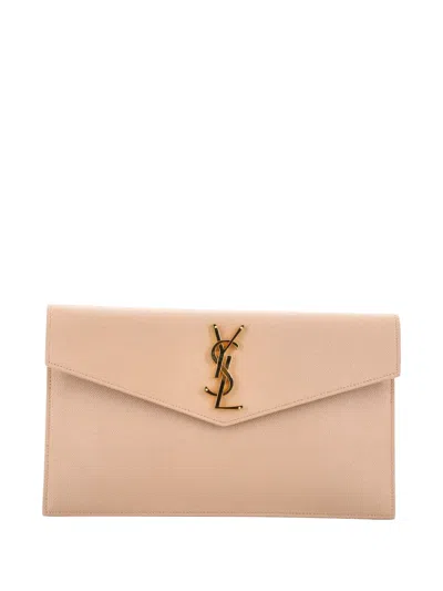 Pre-owned Saint Laurent Uptown Pouch Leather Clutch Bag In Neutral