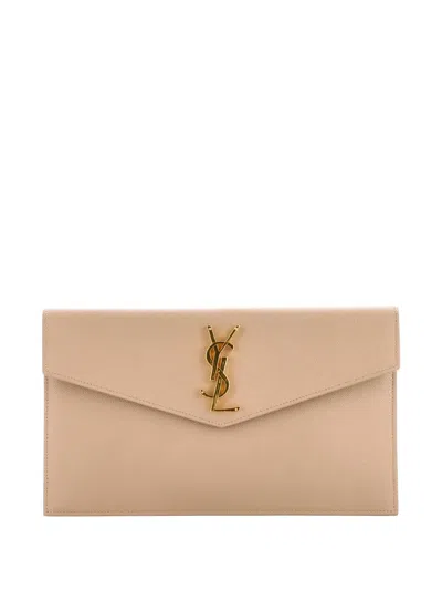 Pre-owned Saint Laurent Uptown Pouch Leather Clutch Bag In Neutral
