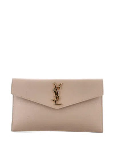 Pre-owned Saint Laurent Uptown Pouch Leather Clutch Bag In Neutral