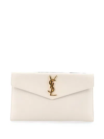 Pre-owned Saint Laurent Uptown Pouch Leather Clutch Bag In Neutrals