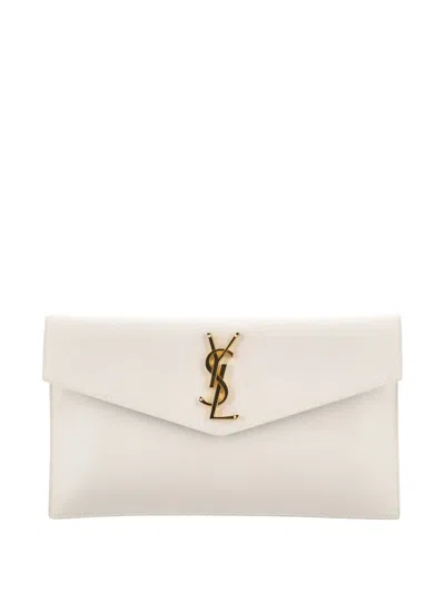 Pre-owned Saint Laurent Uptown Pouch Leather Clutch Bag In White