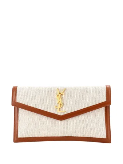 Pre-owned Saint Laurent Uptown Pouch Raffia Clutch Bag In Neutral