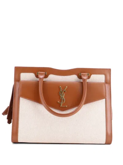 Pre-owned Saint Laurent Uptown Tote Canvas And Leather Medium Satchel In Brown