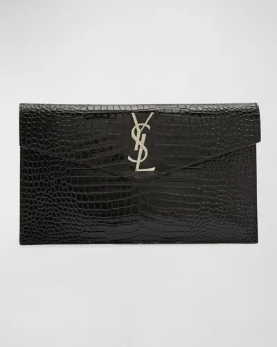 Saint Laurent Uptown Ysl Pouch In Croc-embossed Leather In Black