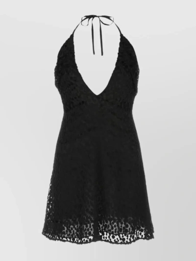 Saint Laurent V-neck A-line Lace Mini Dress In Black
