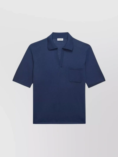 Saint Laurent V-neck Collared Polo With Ribbed Collar And Pockets In Blue