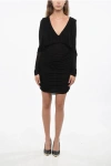 Saint Laurent V-neck Crepe De Chine Draped Dress In Black