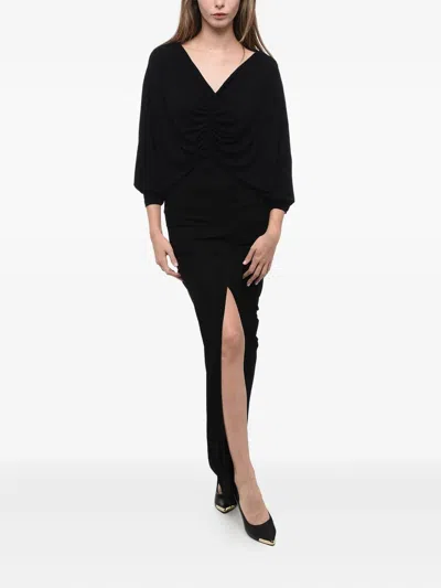 Saint Laurent V-neck Draped Dress In Black