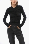 Saint Laurent Ruched V-neck Sheer Knitwear With Slim Fit In Black