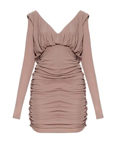 Saint Laurent Jersey V-neck Mini Dress With Ruched Sleeves In Brown