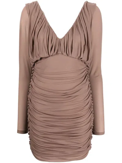 Saint Laurent V-neck Draped Mini Dress In Beige