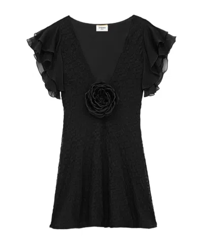 SAINT LAURENT V-NECK DRESS IN EMBROIDERED MUSLIN