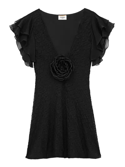 Saint Laurent V-neck Dress In Embroidered Muslin In Black