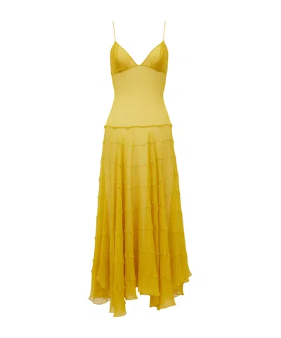 Saint Laurent V-neck Dress In Silk Crepe Muslin In Yellow