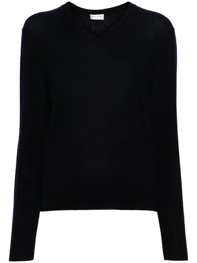 Saint Laurent V-neck Knitted Jumper In Blue