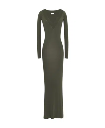Saint Laurent V-neck Knitted Long Dress In Green