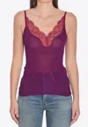 Saint Laurent Lace Tank Top In Ribbed Silk Jersey In Purple
