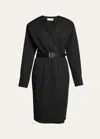 Saint Laurent V-neck Long-sleeve Belted Wrap Dress In Nero