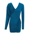 Saint Laurent Mini Blue Dress With V Neckline And Gathering Detail In Viscose Woman In Blue