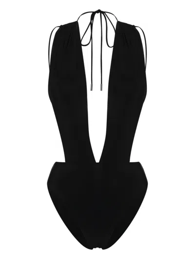 Saint Laurent V-neck Open-back Swimsuit In Schwarz